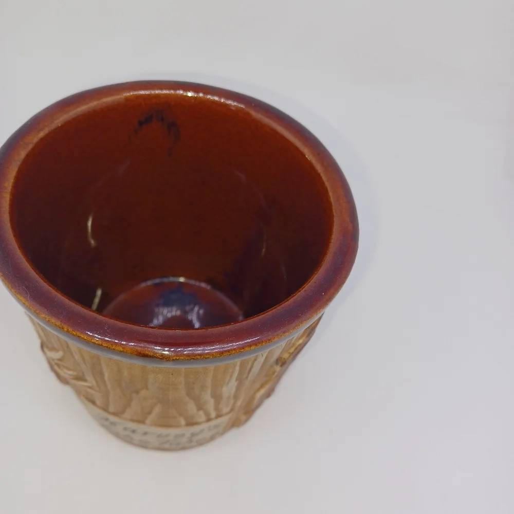 Vtg Harveys Lake Tahoe Bucket Tiki Mug Block Font Print Brown Glaze OMC Otagiri